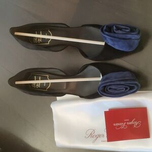 Roger Vivier Black Suede Heels - Blue Curl Accent - Size 37.5 / US 7.5